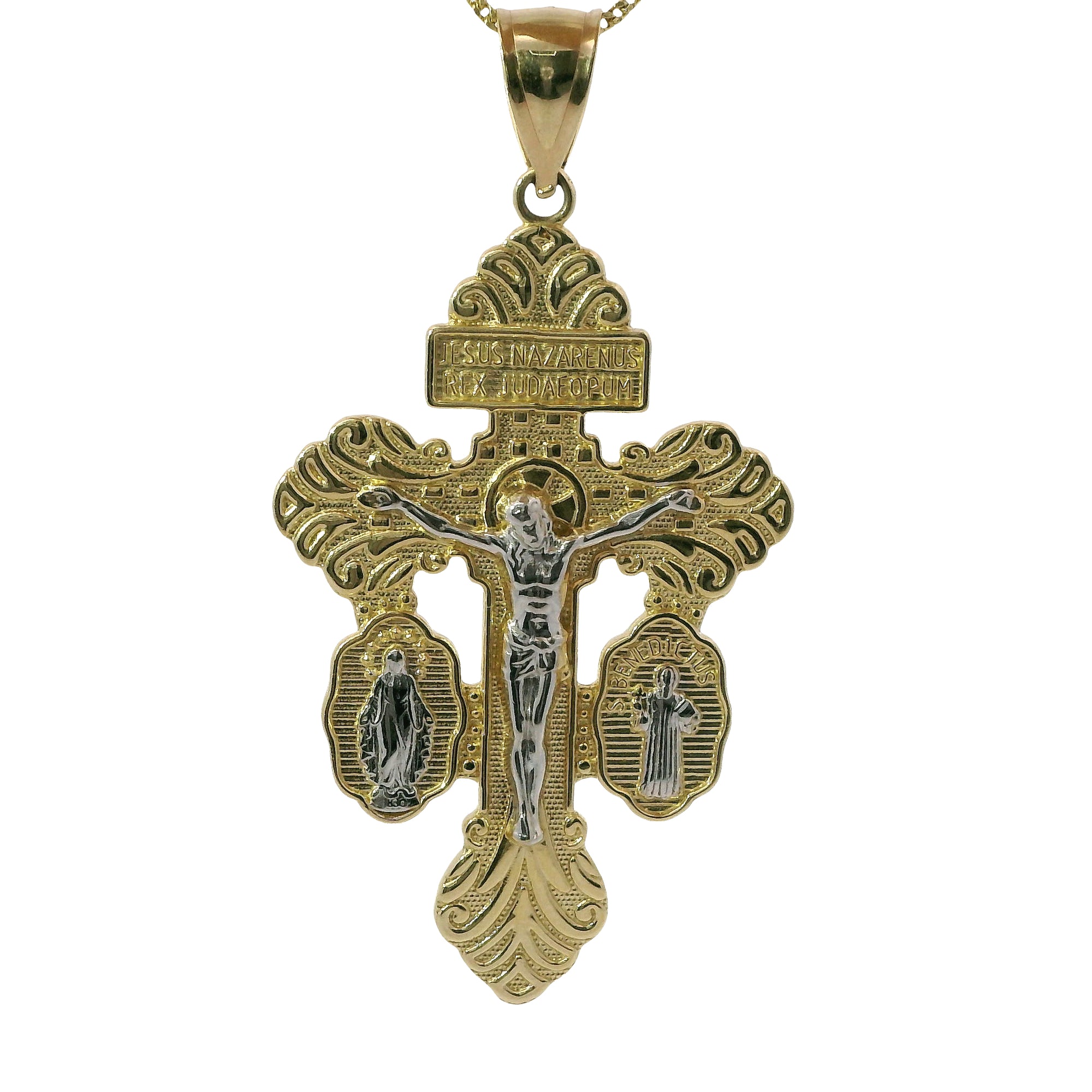 14KT Gold Charm Medium Two Tone Crucifix Cross with Virgin Mary and St Benedict Sides Cross with Plain Bell