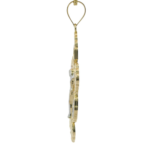 14KT Gold Charm Medium Two Tone Crucifix Cross with Virgin Mary and St Benedict Sides Cross with Plain Bell