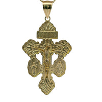 14KT Gold Charm Medium Two Tone Crucifix Cross with Virgin Mary and St Benedict Sides Cross with Plain Bell