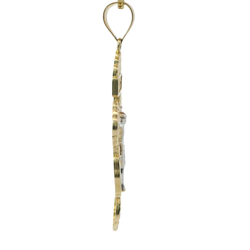14KT Gold Charm Medium Two Tone Crucifix Cross with Virgin Mary and St Benedict Sides Cross with Plain Bell