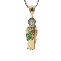 14KT Gold Charm Medium 3D Tri Tone St Jude Figurine Holding Coin with Green CZ Stones Robe, White CZ Stones Halo, and Plain Bell