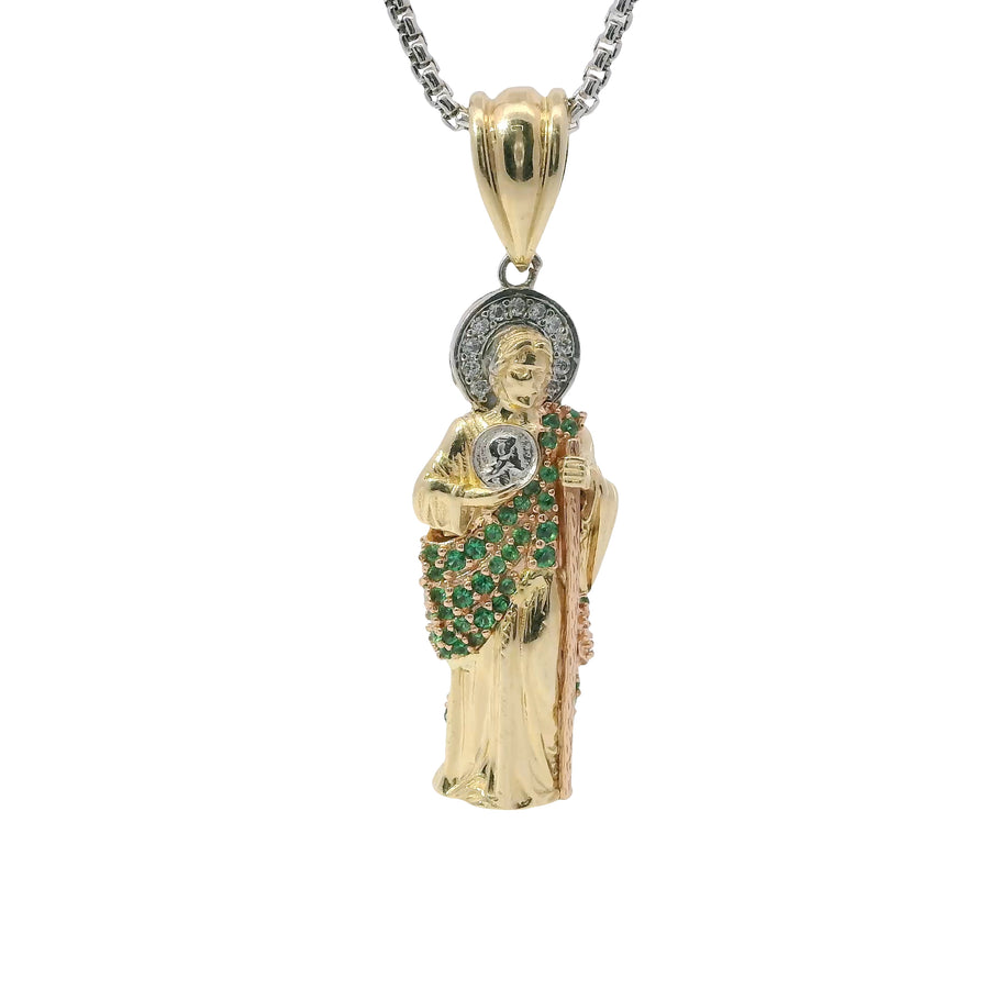 14KT Gold Charm Medium 3D Tri Tone St Jude Figurine Holding Coin with Green CZ Stones Robe, White CZ Stones Halo, and Plain Bell