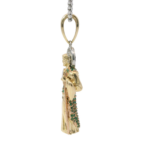 14KT Gold Charm Medium 3D Tri Tone St Jude Figurine Holding Coin with Green CZ Stones Robe, White CZ Stones Halo, and Plain Bell