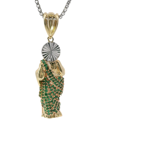 14KT Gold Charm Medium 3D Tri Tone St Jude Figurine Holding Coin with Green CZ Stones Robe, White CZ Stones Halo, and Plain Bell