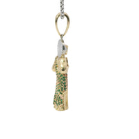 14KT Gold Charm Medium 3D Tri Tone St Jude Figurine Holding Coin with Green CZ Stones Robe, White CZ Stones Halo, and Plain Bell