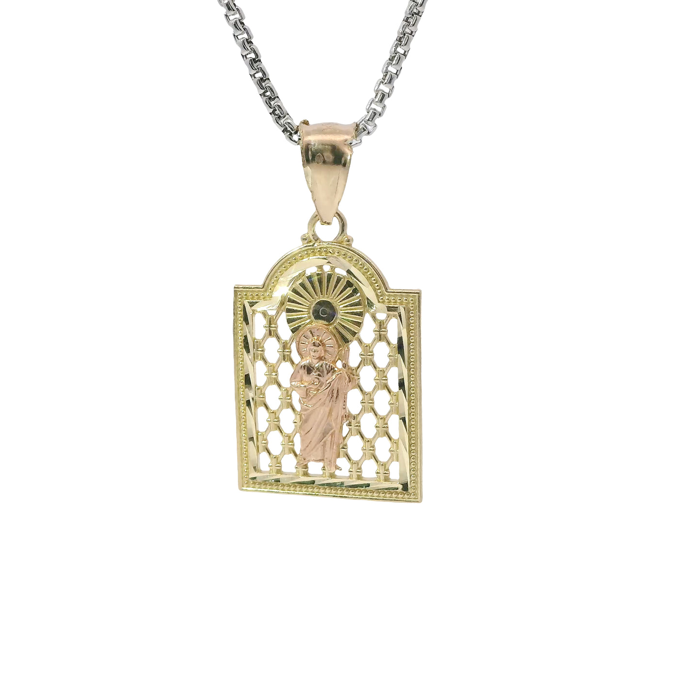 14KT Gold Charm Medium Two Tone St Jude Lattice Square Archway with Plain Bell