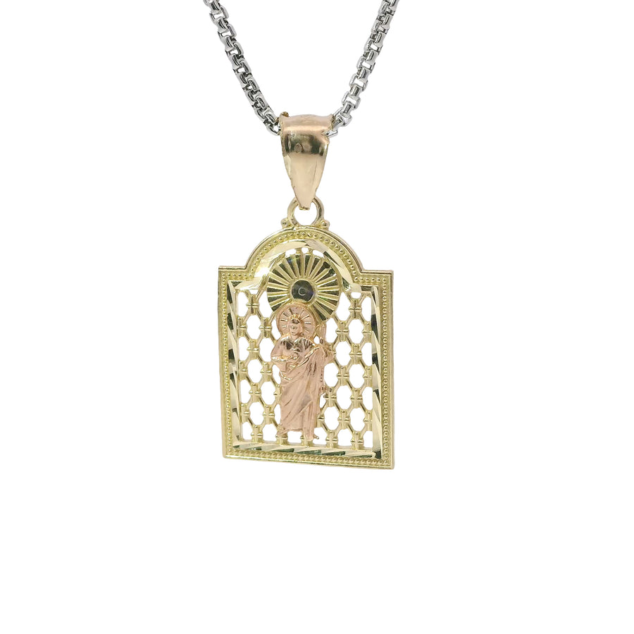 14KT Gold Charm Medium Two Tone St Jude Lattice Square Archway with Plain Bell