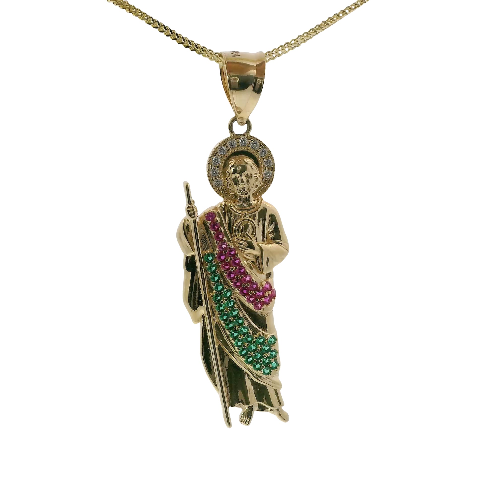 14KT Gold Charm Medium St Jude with Red, Green, and White Round CZ Stones Robe with White CZ Stones Halo and Plain Bell