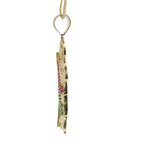 14KT Gold Charm Medium St Jude with Red, Green, and White Round CZ Stones Robe with White CZ Stones Halo and Plain Bell