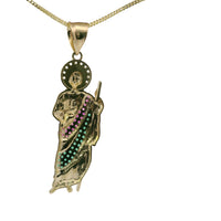 14KT Gold Charm Medium St Jude with Red, Green, and White Round CZ Stones Robe with White CZ Stones Halo and Plain Bell