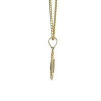 14KT Gold Charm Small Coin Pink CZ Stone Heart Center with Sunray Background, Rope Border, and Plain Bell