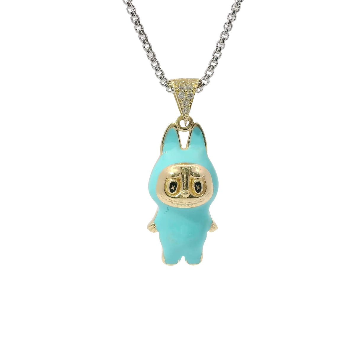 14KT Gold Charm Medium 3D Turquoise Enamel LaBuBu Body and White CZ Stones Bell