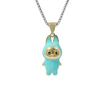 14KT Gold Charm Medium 3D Turquoise Enamel LaBuBu Body and White CZ Stones Bell