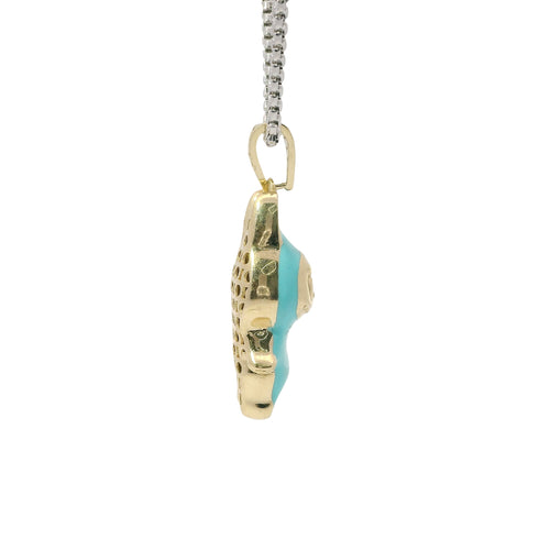 14KT Gold Charm Medium 3D Turquoise Enamel LaBuBu Body and White CZ Stones Bell