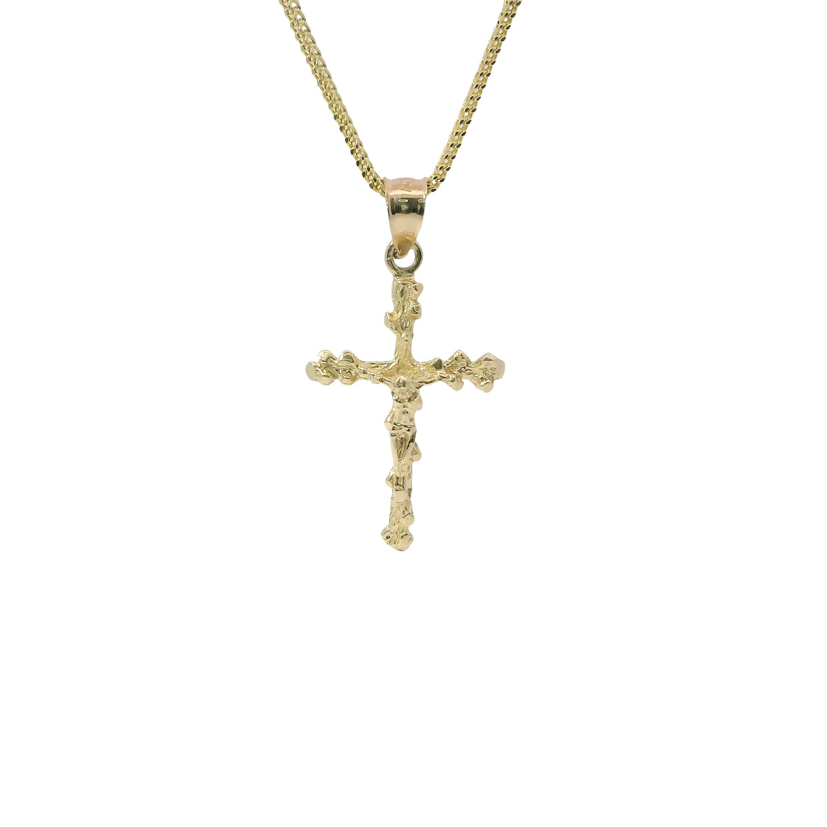 14KT Gold Charm Medium Textured Nugget Crucifix Cross with Plain Bell