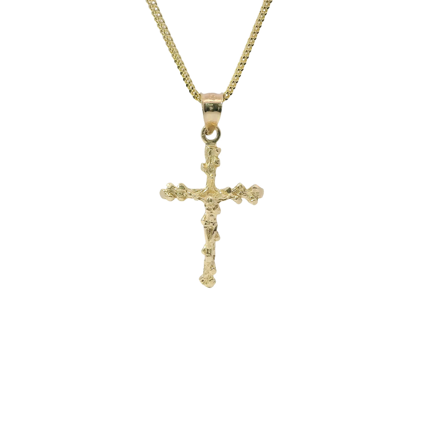14KT Gold Charm Medium Textured Nugget Crucifix Cross with Plain Bell