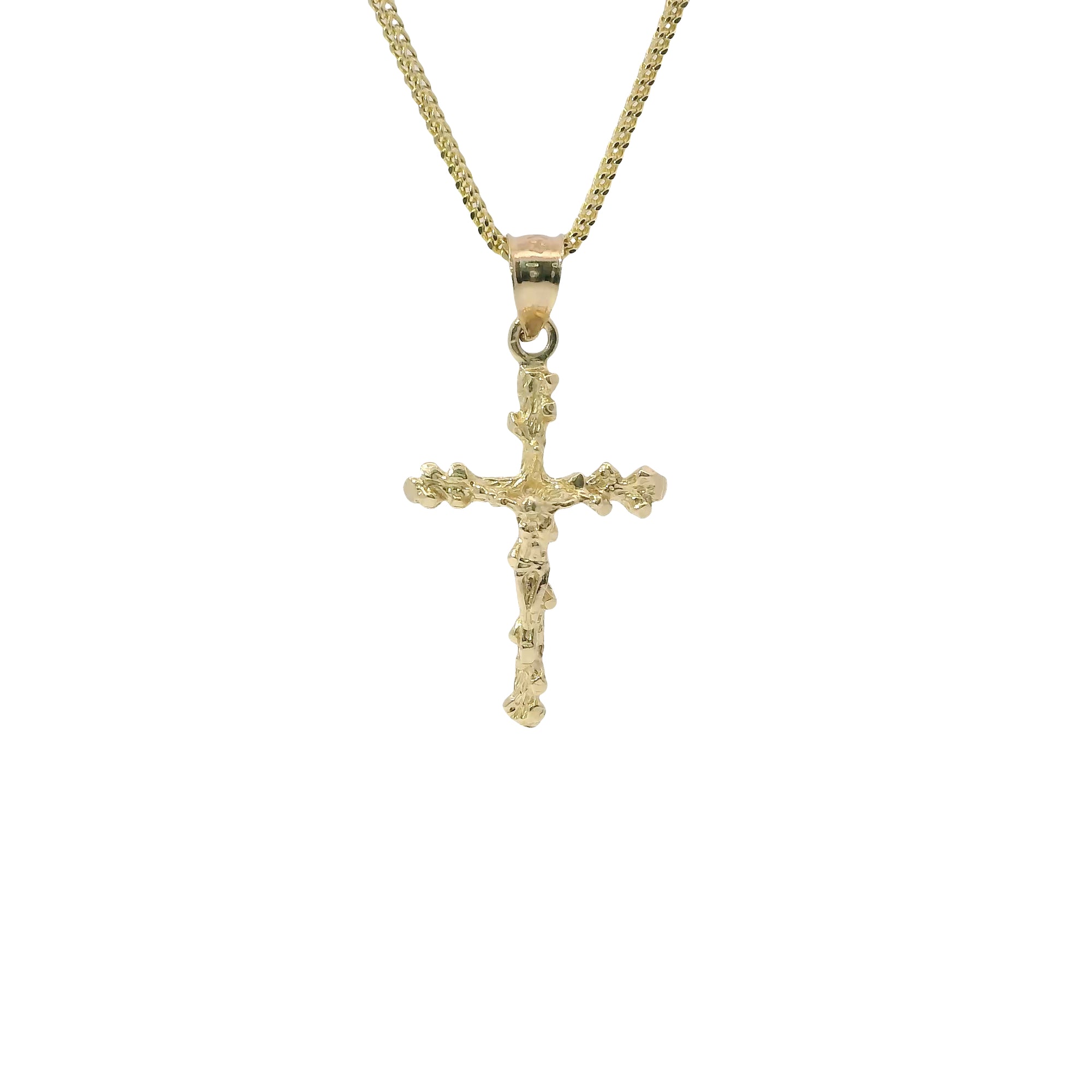 14KT Gold Charm Medium Textured Nugget Crucifix Cross with Plain Bell