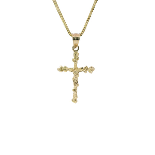 14KT Gold Charm Medium Textured Nugget Crucifix Cross with Plain Bell