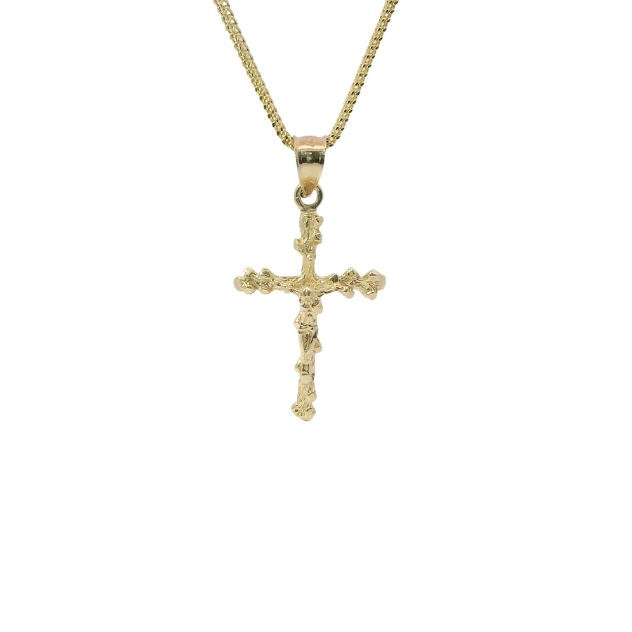 14KT Gold Charm Medium Textured Nugget Crucifix Cross with Plain Bell