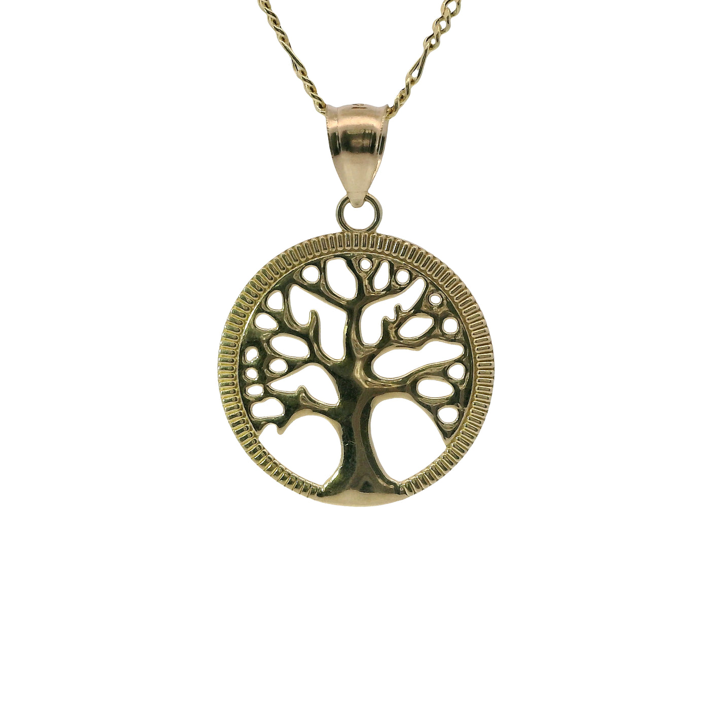 14KT Gold Charm Medium Open Round Tree of Life with Currency Edge Border and Plain Bell