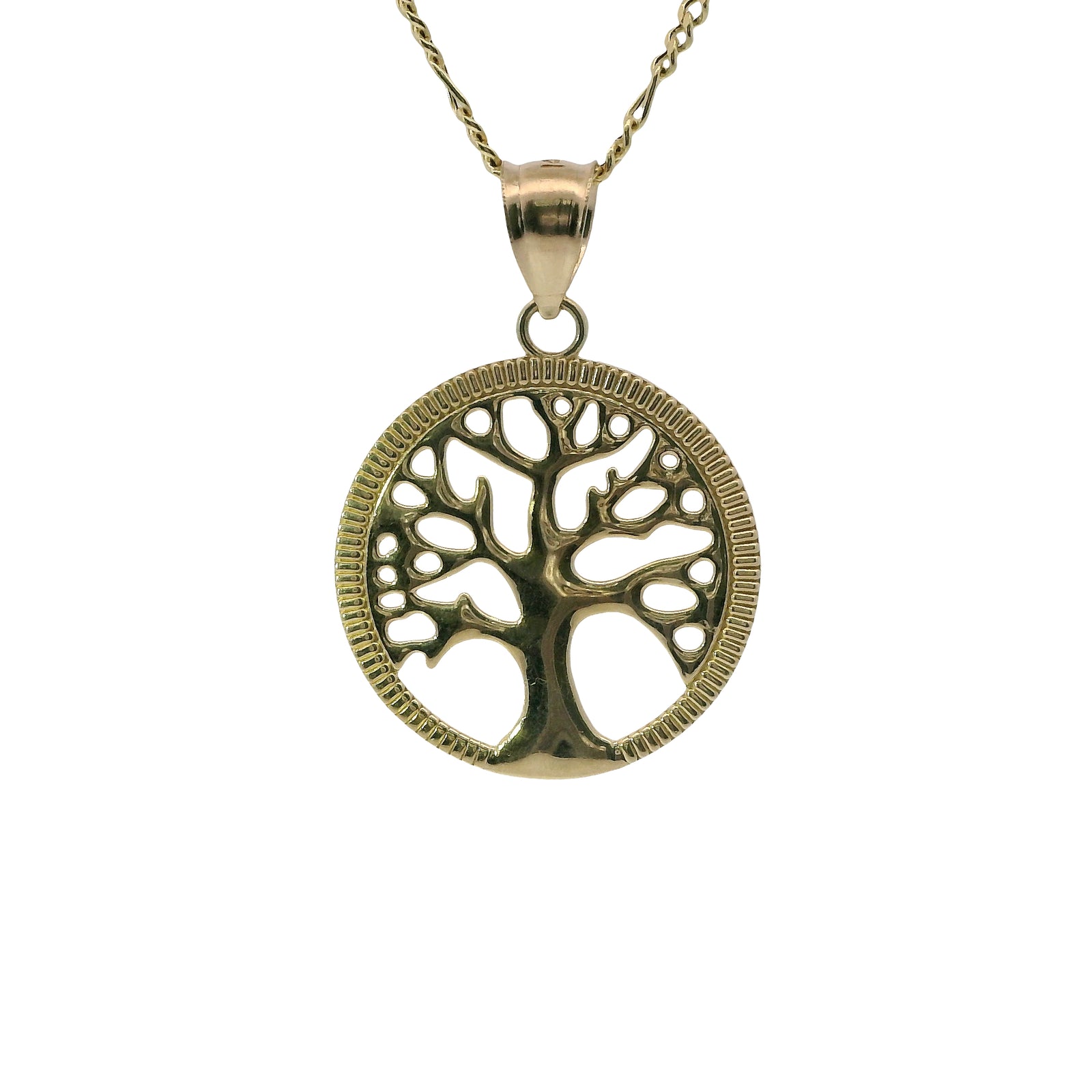 14KT Gold Charm Medium Open Round Tree of Life with Currency Edge Border and Plain Bell