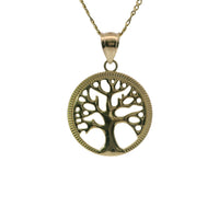 14KT Gold Charm Medium Open Round Tree of Life with Currency Edge Border and Plain Bell