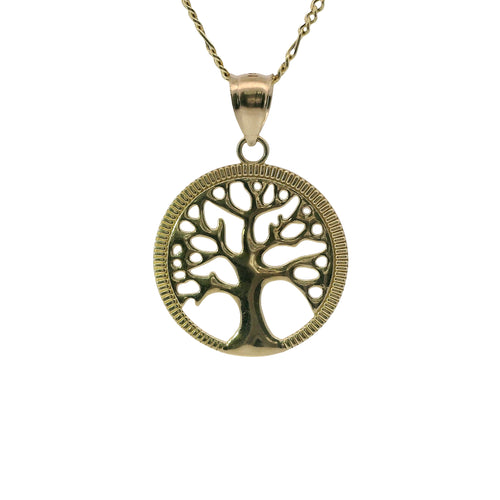 14KT Gold Charm Medium Open Round Tree of Life with Currency Edge Border and Plain Bell