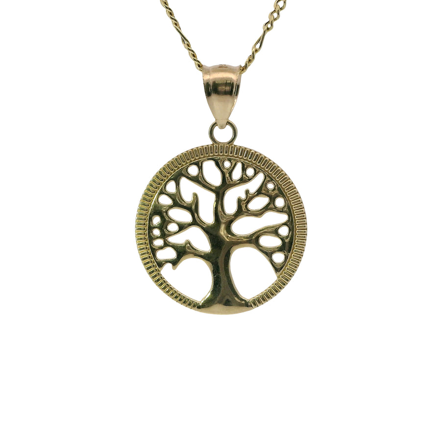 14KT Gold Charm Medium Open Round Tree of Life with Currency Edge Border and Plain Bell