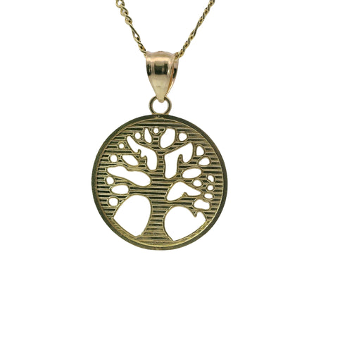 14KT Gold Charm Medium Open Round Tree of Life with Currency Edge Border and Plain Bell