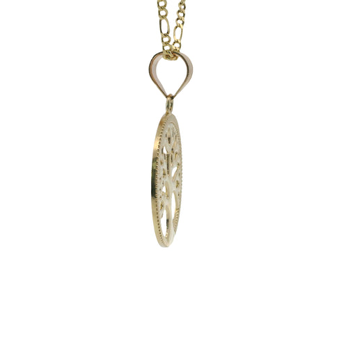 14KT Gold Charm Medium Open Round Tree of Life with Currency Edge Border and Plain Bell