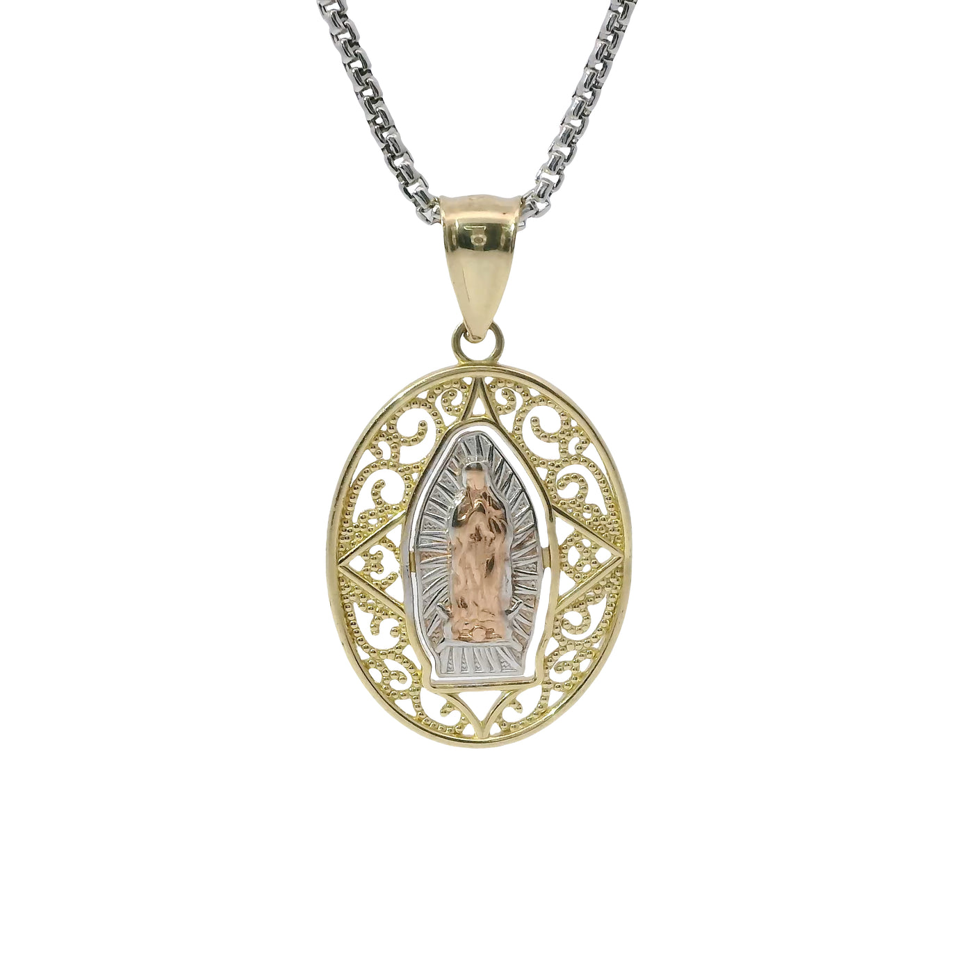 14KT Gold Charm Medium Tri Tone Virgin Mary Plain Border Coin with Open Swirl Outline and Plain Bell