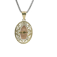 14KT Gold Charm Medium Tri Tone Virgin Mary Plain Border Coin with Open Swirl Outline and Plain Bell