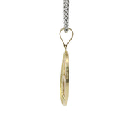 14KT Gold Charm Medium Tri Tone Virgin Mary Plain Border Coin with Open Swirl Outline and Plain Bell