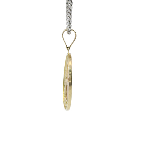 14KT Gold Charm Medium Tri Tone Virgin Mary Plain Border Coin with Open Swirl Outline and Plain Bell