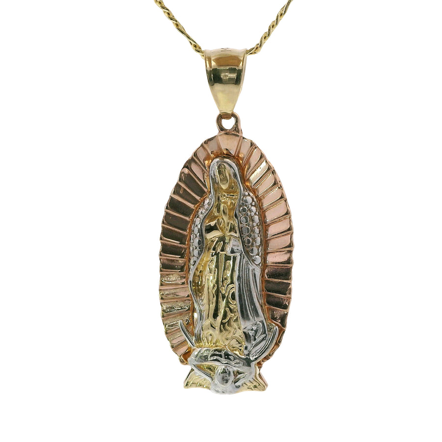 14KT Gold Charm Medium Tri Tone Triangle Oval Virgin Mary with Pleated Edge and Plain Bell