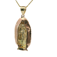 14KT Gold Charm Medium Tri Tone Triangle Oval Virgin Mary with Pleated Edge and Plain Bell