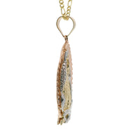 14KT Gold Charm Medium Tri Tone Triangle Oval Virgin Mary with Pleated Edge and Plain Bell