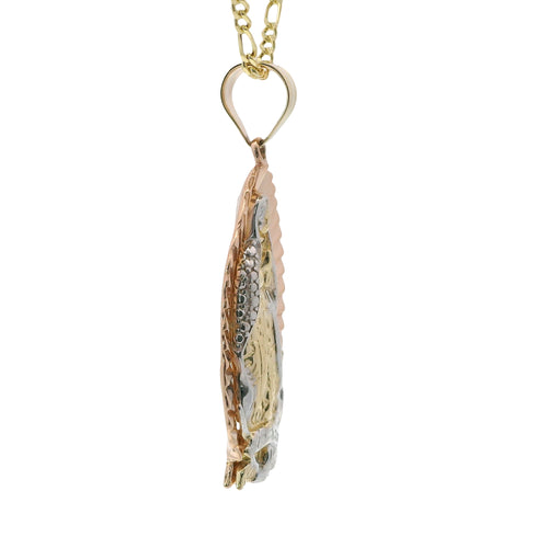 14KT Gold Charm Medium Tri Tone Triangle Oval Virgin Mary with Pleated Edge and Plain Bell
