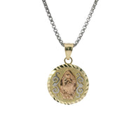 14KT Gold Charm Medium Round Tri Tone Virgin Mary Swirl Center Diamond Cut Border Coin with White CZ Stone Flower and Plain Bell