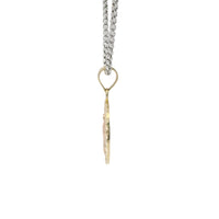 14KT Gold Charm Medium Round Tri Tone Virgin Mary Swirl Center Diamond Cut Border Coin with White CZ Stone Flower and Plain Bell