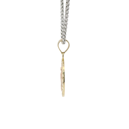 14KT Gold Charm Medium Round Tri Tone Virgin Mary Swirl Center Diamond Cut Border Coin with White CZ Stone Flower and Plain Bell