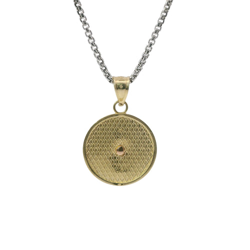 14KT Gold Charm Medium Round Tri Tone Virgin Mary Swirl Center Diamond Cut Border Coin with White CZ Stone Flower and Plain Bell