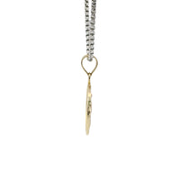14KT Gold Charm Medium Round Tri Tone Virgin Mary Swirl Center Diamond Cut Border Coin with White CZ Stone Flower and Plain Bell