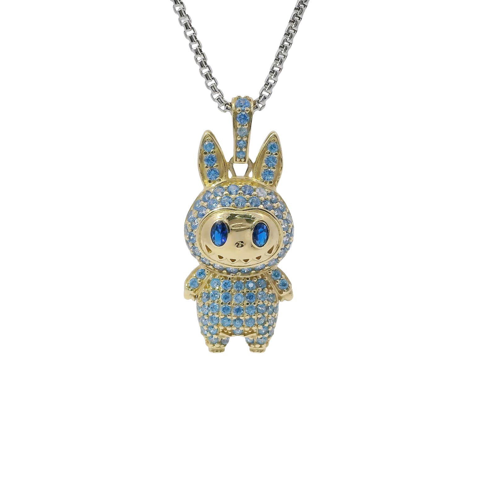 14KT Gold Charm Medium 3D Flat Back LaBuBu Navy Blue Oval CZ Stones Eyes, Turquoise CZ Stones Body and Bell