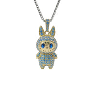 14KT Gold Charm Medium 3D Flat Back LaBuBu Navy Blue Oval CZ Stones Eyes, Turquoise CZ Stones Body and Bell