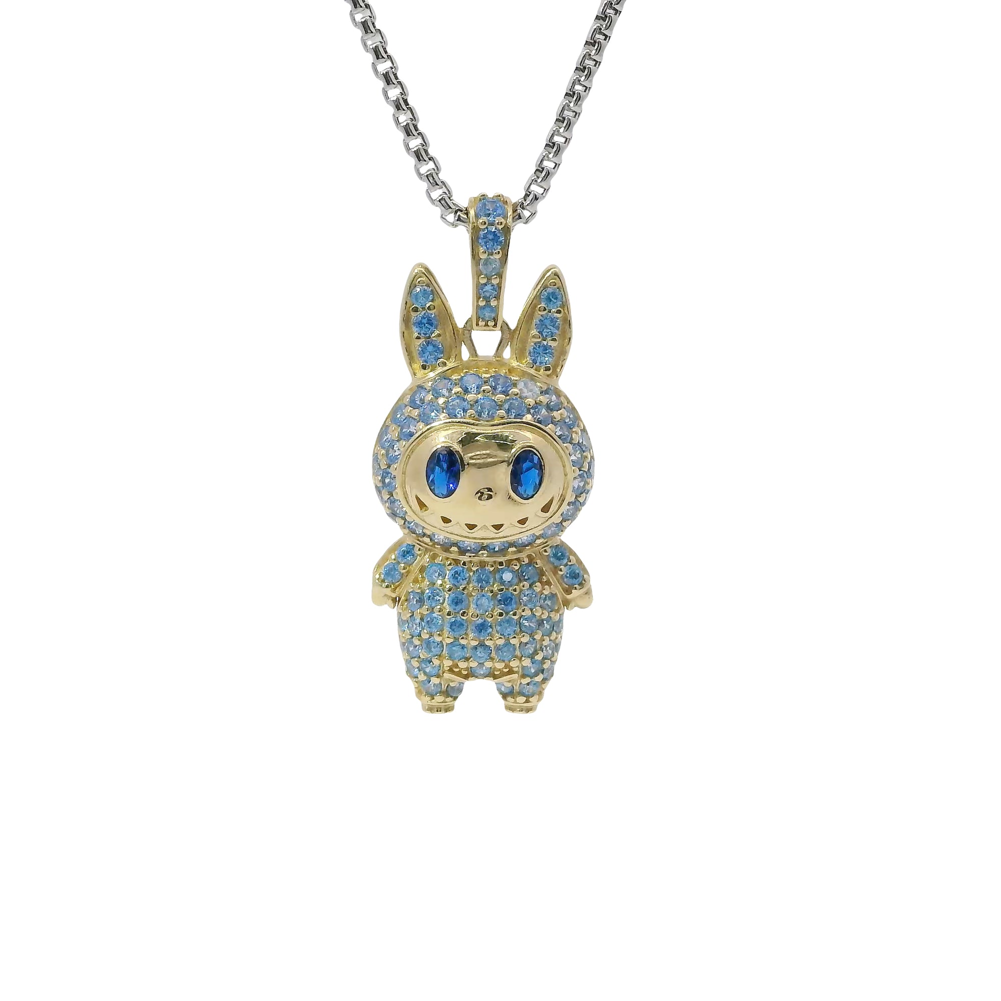 14KT Gold Charm Medium 3D Flat Back LaBuBu Navy Blue Oval CZ Stones Eyes, Turquoise CZ Stones Body and Bell