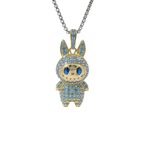 14KT Gold Charm Medium 3D Flat Back LaBuBu Navy Blue Oval CZ Stones Eyes, Turquoise CZ Stones Body and Bell