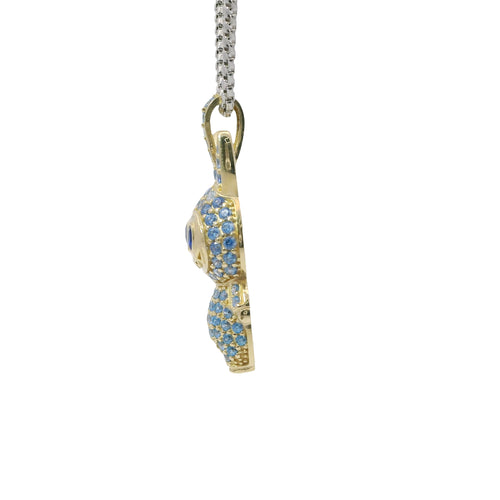 14KT Gold Charm Medium 3D Flat Back LaBuBu Navy Blue Oval CZ Stones Eyes, Turquoise CZ Stones Body and Bell