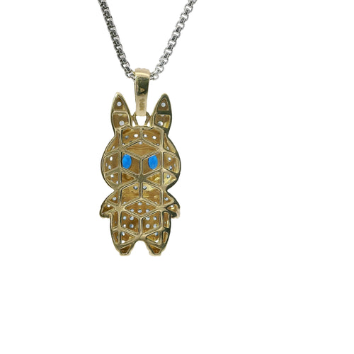 14KT Gold Charm Medium 3D Flat Back LaBuBu Navy Blue Oval CZ Stones Eyes, Turquoise CZ Stones Body and Bell