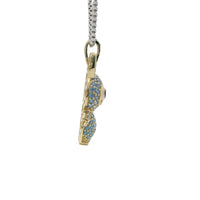 14KT Gold Charm Medium 3D Flat Back LaBuBu Navy Blue Oval CZ Stones Eyes, Turquoise CZ Stones Body and Bell
